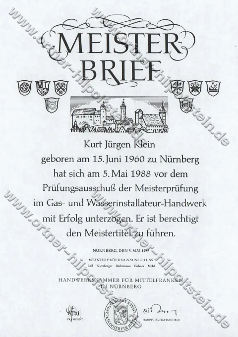 Urkunden-Scan: Meisterbrief Gas- und Wasserinstallateur-Handwerk (1988)