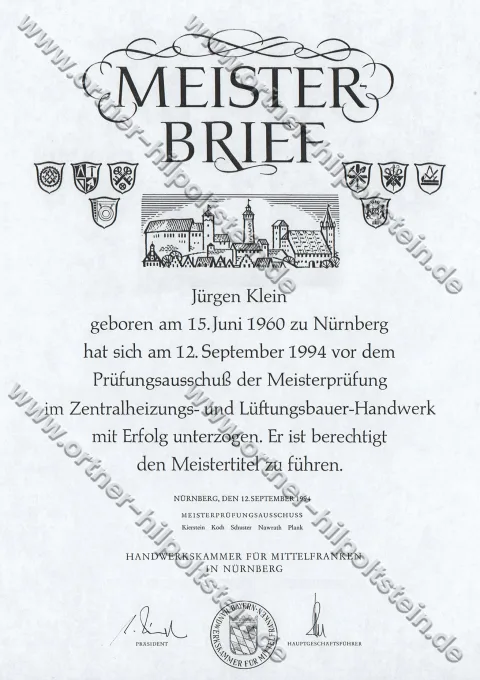 Urkunden-Scan: Meisterbrief Zentralheizungs- und Lüftungsbauer-Handwerk (1994)