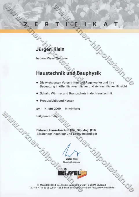 Urkunden-Scan: Missel Haustechnik und Bauphysik (2000)