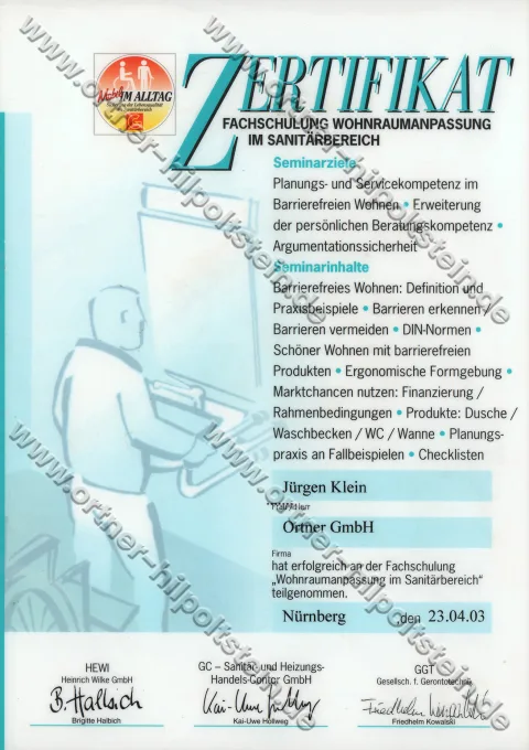 Urkunden-Scan: Fachschulung Wohnraumanpassung im Sanitärbereich (2003)