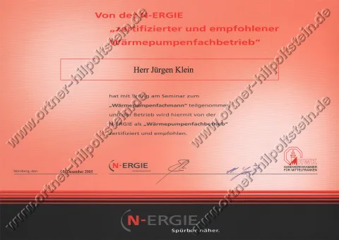 Urkunden-Scan: N-ERGIE-zertifizierter Wärmepumpen-Fachbetrieb (2005)