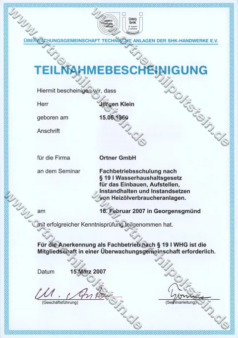 Urkunden-Scan: Fachbetriebsschulung Heizölverbraucheranlagen (2007)
