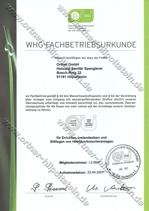 Urkunden-Scan: WHG-Fachbetrieb (2007)