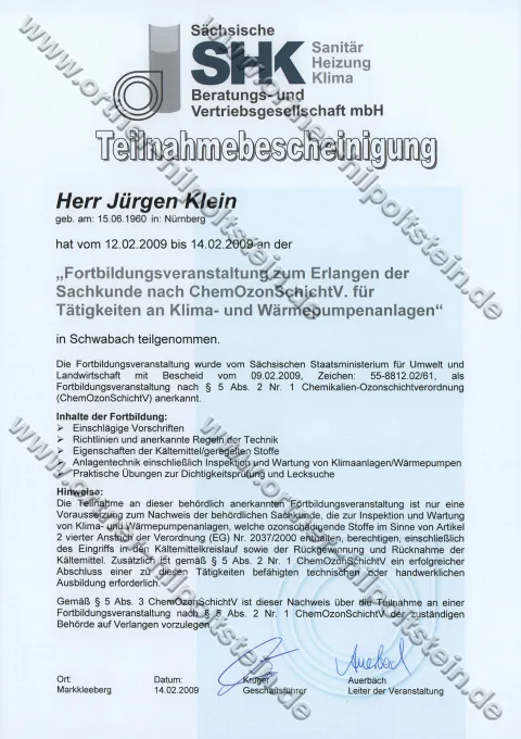 Urkunden-Scan: ChemOzonSchichtV — Klima- und Wärmepumpentechnik (2009)