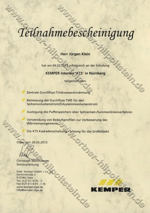 Urkunden-Scan: Kemper Intensiv-Schulung KTS (2013)